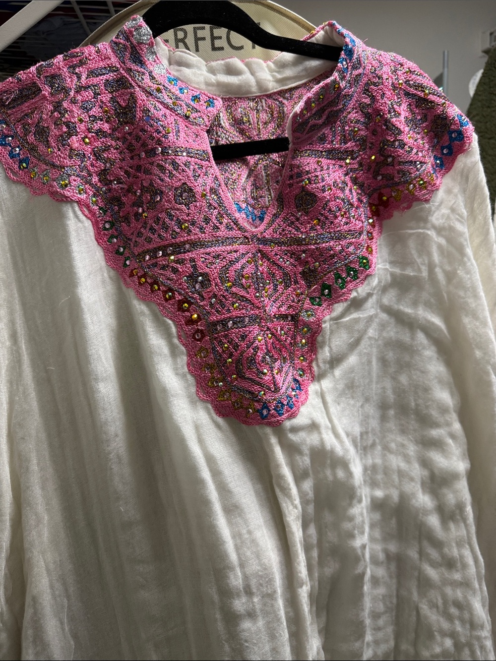 White Maxi Dress with Pink Embroidered Yoke